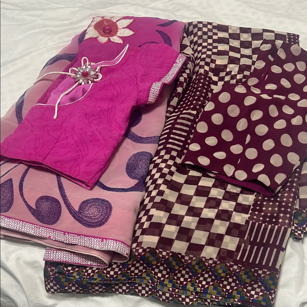 Saree Bundle of 2 georgette. Abstract Print Pink white sequins and plum. XS